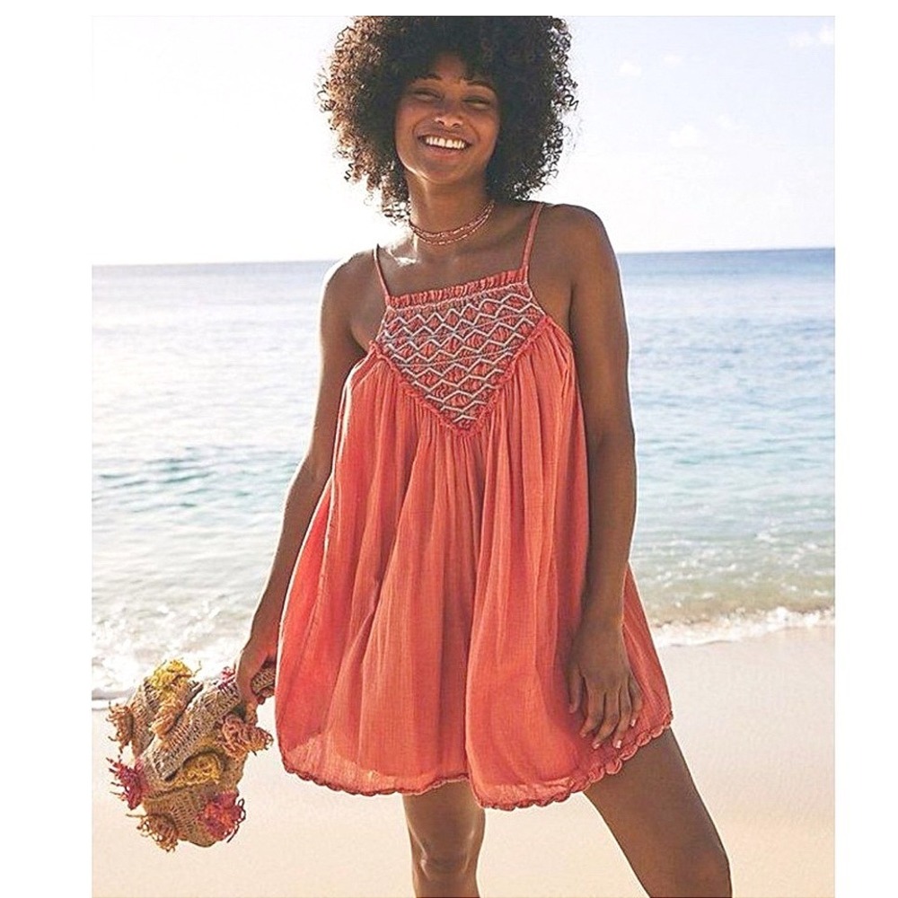Free People Crystal Cove Boho Coral Pink Mini Dress Embroidered Cutout Medium